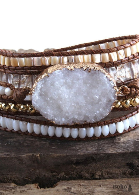 Pulsera Boho, Pulsera de Cuero RH de 5 Capas, Piedras Naturales, Blanco Nieve y Negro